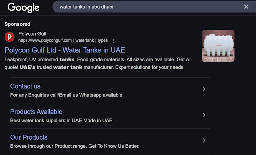 Snapshot of Google Web Page, ranking blue words on top, white water tank image
